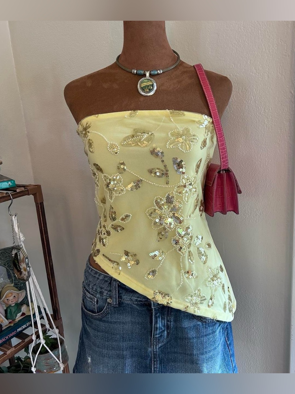 Y2K Light Yellow Asymmetrical Hem Tube Top with Floral Beading by Just Polly